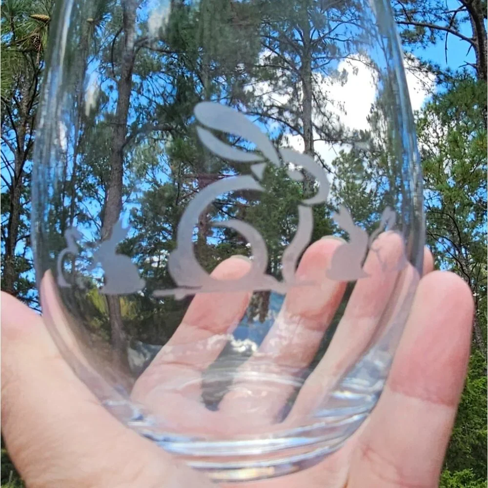 Hand etched Beautiful Beacons bunny rabbit stemless wine glass